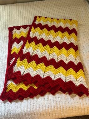 Vibrant Hand Made Chevron Crochet Throw Blanket in Red, Yellow & White Like New